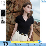 三彩2024夏季新款法式復古V領短袖正肩T恤修身短款套頭衫女 經(jīng)典黑 S 155/80A