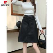 皮爾卡丹（pierre cardin）大碼pu皮半身裙高腰a字中長(zhǎng)裙一步包臀裙秋冬小皮裙遮胯顯瘦短裙 黑色 (贈(zèng)送腰帶) S
