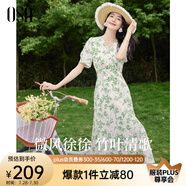 歐莎（OSA）【竹吟連衣裙】度假風(fēng)茶歇碎花裙連衣裙子女夏季新款顯瘦中長(zhǎng)裙 白底綠花 L