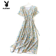 花花公子（PLAYBOY）碎花印花時(shí)尚優(yōu)雅棉綢連衣裙系帶收腰寬松顯瘦V領(lǐng)綿綢長(cháng)款人造棉 彩色玻璃 2XL 建議165斤以下