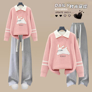 VZVG初中學(xué)生秋冬衣服女12少女大童寬松毛衣搭配加絨褲子休閑兩件套裝 粉色毛衣+灰色褲【套裝】 S 【建議70-90斤】