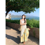 無(wú)標優(yōu)品女裝長(cháng)裙波西米亞不規則吊帶洋裝女夏民族風(fēng)多巴胺明媚海 黃花半身裙 L