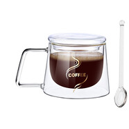 哲韻創(chuàng)意玻璃杯高硼硅隔熱雙層咖啡杯馬克杯時尚方克杯 雙層200ml+蓋子+攪拌勺
