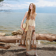 三彩2025秋季新款波西米亞度假風(fēng)吊帶裙海邊沙灘印花連衣裙M