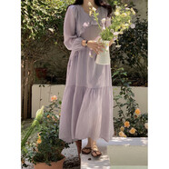 LMVXRM2025春韓版森系甜美木耳邊連衣裙女裝長袖圓領(lǐng)皺褶淑女款 紫色 均碼