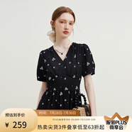 范思藍恩23FS12642茶歇法式碎花連衣裙女夏季新款V領(lǐng)沙灘長裙 黑底白花 M