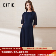 愛特愛（EITIE）秋冬新款商場同款薄紗透視五分袖百褶雪紡連衣裙長裙6007771 深藍(lán)31 M 160