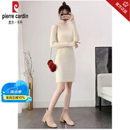 皮爾卡丹（pierre cardin）輕奢針織連衣裙女秋冬條紋打底修身半高領(lǐng)中長款黑白色毛衣包臀裙 杏色 3052 M 80-95斤有彈力
