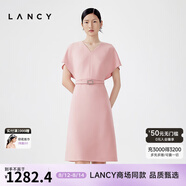 朗姿/LANCY夏季新款蝙蝠袖收腰醋酸連衣裙女氣質優(yōu)雅粉色裙子 霧霾粉色 L
