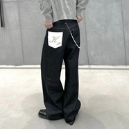 KLEDBOYK12 25馬毛岡山原牛不掉色洗水牛仔褲直筒baggy長(cháng)褲 黑色  棕色馬毛 XL