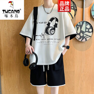 啄木鳥（TUCANO）短袖男套裝夏季2025t恤男冰絲涼感寬松青少年一整套穿搭帥氣T 2506白色套裝 M (約85~105斤可穿)