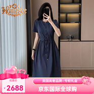 Homesee國際輕奢高檔連衣裙2025新款藏青色收腰系帶短袖女女士休閑裙氣質(zhì) 藏藍(lán)色 L