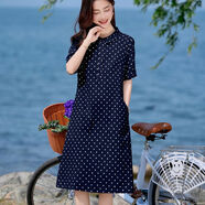 棉麻洋裝女夏季2025新款寬松遮肚減齡媽媽高端亞麻波點(diǎn)裙子 藏青 2XL