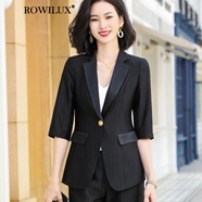 ROWILUX高端醋酸緞面西裝套裝女感七分袖夏季氣質(zhì)職業(yè)套裝杏色中袖薄西服 黑色西裝+褲子 2XL 120斤129斤