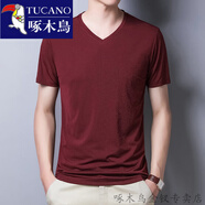啄木鳥（TUCANO）短袖t恤男圓領(lǐng)桑蠶絲夏季薄款V領(lǐng)透氣半袖體恤衫真絲商務(wù)休閑上衣 V領(lǐng)紅色【短袖】 S 165碼