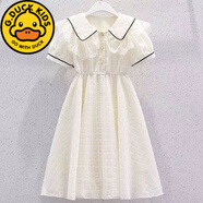 G.DUCKKIDS新品女童連衣裙夏款收腰洋氣公主裙3-12歲女孩蕾絲娃娃領(lǐng)薄款裙子 白色 140 建議125-135cm7-8歲