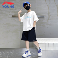 LI-NING KIDS李寧兒童速干套裝夏季新款短袖短褲輕薄透氣運(yùn)動(dòng)套裝男大童兩件套 白色棉質(zhì)速干t恤+黑色速干短褲 150 cm