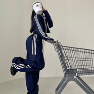 沐依琳歐美街頭休閑褲女裝套裝女秋季高腰工裝寬松顯瘦松緊腰長褲兩件套 藏藍色運動套裝 L