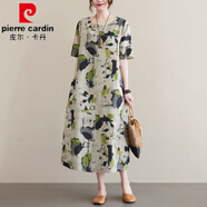 皮爾卡丹2025夏季民族風(fēng)印花亞麻長(cháng)裙寬松短袖棉麻連衣裙圓領(lǐng)a字連衣裙 灰色花  M 【建議90-110斤】