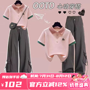 莞町大童衣服9-14歲女夏裝12-15歲女孩衣服夏季女大童工裝褲套裝2025 6粉色POLO+灰色工裝褲套裝 150 M碼【建議70-85斤】
