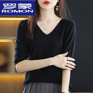 羅蒙（ROMON）23年新款春夏V領(lǐng)套頭中袖打底衫女韓版洋氣寬松針織毛衣女上衣 黑色 2XL