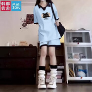 米妮哈魯（MiniZaru）女童夏季新款拼接套裝2025中大童時髦洋氣印花短褲套裝一整套女孩 藍(lán)色拼黑兩件套【短袖+短褲】 160 碼