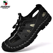 西域駱駝（VANCAMEL）男鞋夏季透氣網(wǎng)面皮涼鞋真皮軟底洞洞鞋男士鏤空鞋溯溪涉水鞋 2050黑色 39