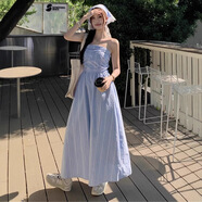 多菲尼森藍色格紋蕾絲抹胸連衣裙女夏季法式浪漫氣質(zhì)高級感可拆卸吊帶長(cháng)裙 蕾絲抹胸連衣裙M碼