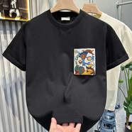 南極人（Nanjiren）抽象刺繡貼布短袖t恤男潮流寬松休閑夏季體恤上衣男打底衫2025款 黑色 M 建議90-110斤內(nèi)