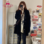 蜜樂奇針織開衫外套女秋冬季穿搭慵懶小香風(fēng)寬松v領(lǐng)粗線中長款學(xué)生毛衣 黑色 S 80-90