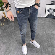 DK男士牛仔褲夏季新款潮牌修身小腳深色百搭潮流九分褲薄款韓版長(cháng)褲 深藍色九分褲【款】 常規 27