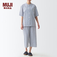 無(wú)印良品（MUJI）女式 無(wú)側(cè)縫泡泡紗短袖睡衣女士家居服套裝夏季純棉全棉 FDB04C2S 深藏青色條紋 M
