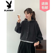 花花公子（PLAYBOY）品牌韓國時(shí)尚休閑針織開(kāi)衫上衣2025秋冬連帽坑條寬松加厚毛衣女 黑色 均碼