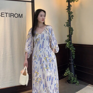 敲言2025新款法式碎花連衣裙女夏季新款氣質(zhì)系帶顯瘦七分袖度假長(cháng)裙 薰衣草（口袋款） XL 裙長(cháng)：120CM