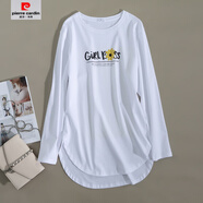 皮爾卡丹（pierre cardin） 秋冬字母印花圓領長袖打底衫女絲光棉不規(guī)則下擺中長款t恤 白色 S