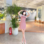 茉馥2025夏季女格子連衣裙氣質(zhì)小個(gè)子修身顯瘦拼接短袖甜美a字裙 L 均碼 夏日清爽西瓜紅