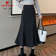 皮爾卡丹（pierre cardin）高腰a字魚尾長裙女秋冬百搭辣妹荷葉邊包臀裙垂感休閑毛呢半身裙 黑色 S