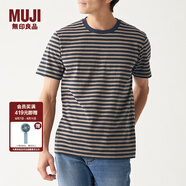 無印良品 MUJI 男式 印度棉天竺編織 條紋短袖T恤 米色X橫條 XL