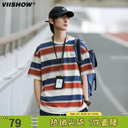 viishowcityboy撞色條紋情侶短t短袖T恤男春夏新款日系寬松t 紅藍(lán)條紋 XL