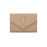 Saint Laurent/圣羅蘭 女士深米色粒紋壓花皮革翻蓋按扣開合信封式錢包 深米色