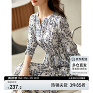 尚都比拉新中式國(guó)風(fēng)連衣裙夏裝青花瓷印花氣質(zhì)收腰顯瘦裙子 白底藍(lán)花 XL