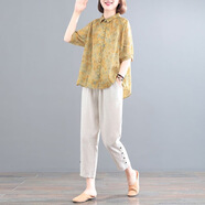 品哥弟新棉麻短袖襯衫女2025年新款媽媽夏裝亞麻上衣寬松遮肚顯瘦洋氣套裝 黃色套裝 L 建議100-115斤