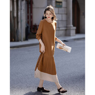 德瑪納【垂墜亂麻雪紡】秋季淑女圓領(lǐng)設計感壓縐撞色拼接A字女式連衣裙