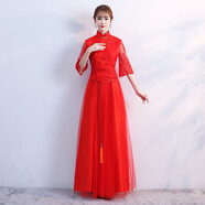 熊司令2025新款新娘敬酒服春季結(jié)婚秀禾服女修身旗袍改良中式婚紗回門裝 紅色中袖款 S