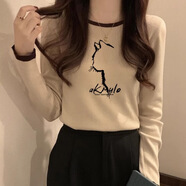 珞妮純棉撞色長(cháng)袖T恤女2025新款修身早秋季打底衫時(shí)尚減齡洋氣上衣女 杏色(動(dòng)物圖案) L 建議105-120斤