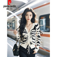 皮爾卡丹（pierre cardin）秋冬獨特別致慵懶褶皺v領(lǐng)斑馬紋針織打底衫女設(shè)計感收腰長袖上衣 白色斑馬紋針織衫 S 【75-95斤】