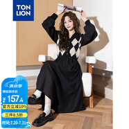 唐獅（TonLion）2024黑色v領(lǐng)拼接格紋連衣裙女復(fù)古針織格子裙氣質(zhì)長(zhǎng)裙 黑色 M 