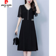 皮爾卡丹（pierre cardin）黑色v領(lǐng)連衣裙女士媽m媽款夏裝大尺碼十三行寬松顯瘦五分袖雪紡裙 黑色 3XL 【135-150斤】