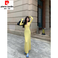 皮爾卡丹灰色長(cháng)袖針織連衣裙女春季氣質(zhì)修身長(cháng)裙打底裙半開(kāi)領(lǐng)緊身包臀裙子 淺黃色 均碼