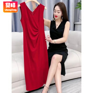 賞峰網(wǎng)紅時(shí)尚吊帶裙女夏季新款女味圓點(diǎn)垂感顯瘦中長(zhǎng)連衣裙 單件黑色袖裙 2XL 建議125-135斤